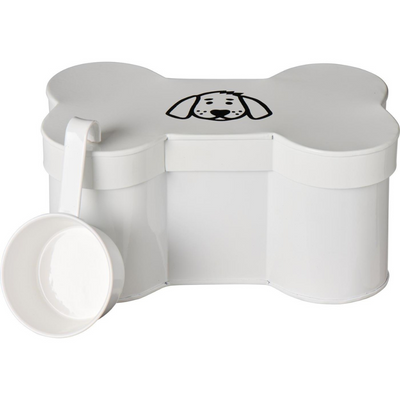 Dose in Knocheform mit Hundemotiv und Messbecher