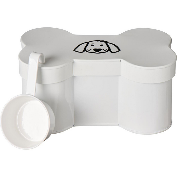 Dose in Knocheform mit Hundemotiv und Messbecher